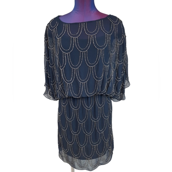 Cache Beaded Blouson Navy Chiffon Cocktail Dress Size 2‎ Women's - Picture 3 of 12